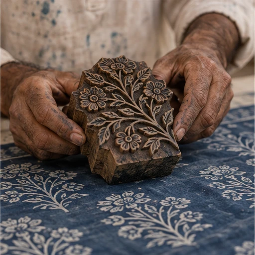 Artisan pressing a carved wooden printing block onto indigo patterned fabric